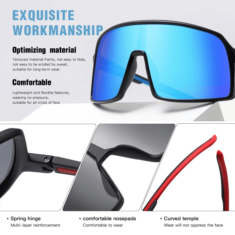 Stylish blue sports goggles featuring windproof design, UV400 protection, and comfortable features like spring hinge and curved temple.